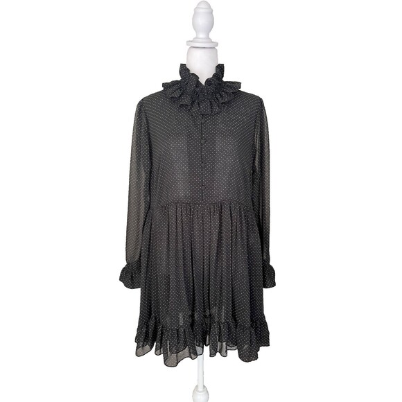 ZARA Ruffled Dress Size XL Black Micro Dot Ruffled Neck Sheer Ruffled Sleeves - Picture 2 of 16